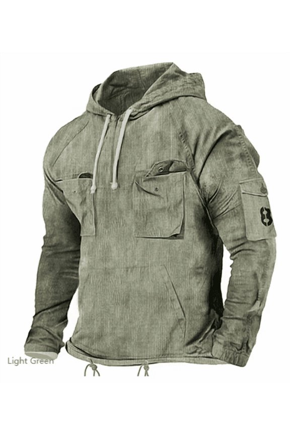 Men's Stonewashed Cotton Hooded Shacket Casual Button Down Drawstring Long Sleeve Retro Boho Jacket with Flap Kangaroo Pockets