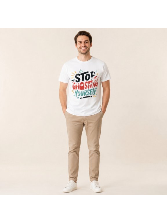Men's Stop Ghosting Yourself Graphic T-Shirt, White Short Sleeve Crewneck Tee, Funny Halloween Casual Summer Top,3XL,Black F