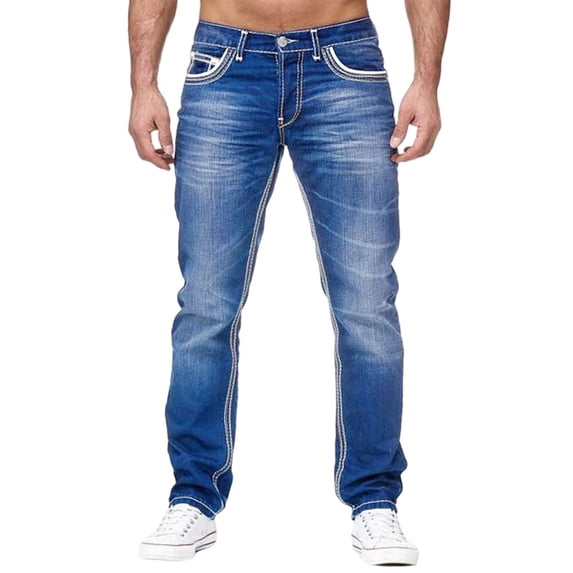 Men’s Straight Fit Jeans with Contrast Stitching Classic Five Pocket Design Durable Denim Pants for Everyday Wear