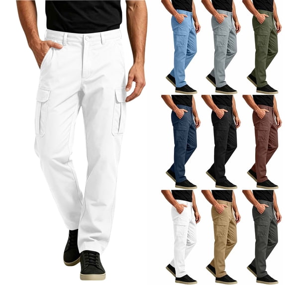 Men's Straight Leg Cargo Pants with Elastic Waist & Button Closure Multi-Pocket Outdoor Work Trousers