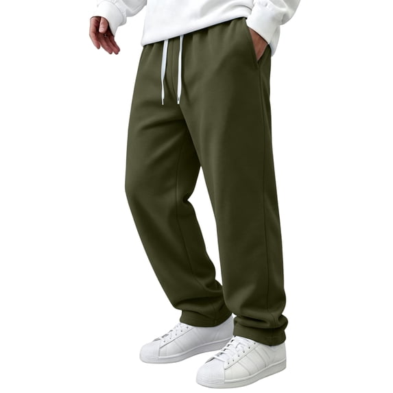 Men's Straight Leg Pants, Solid Color Drawstring Elastic Waist Loose Fit Fall Casual Trousers with Pockets Army Green 3XL