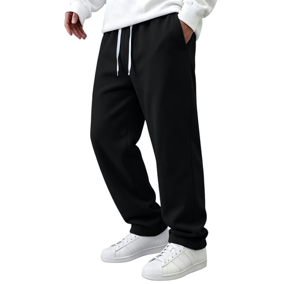 Men's Straight Leg Pants, Solid Color Drawstring Elastic Waist Loose Fit Fall Casual Trousers with Pockets Black 3XL