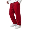 thumbnail image 1 of Men's Straight Leg Pants, Solid Color Drawstring Elastic Waist Loose Fit Fall Casual Trousers with Pockets Red 3XL, 1 of 5