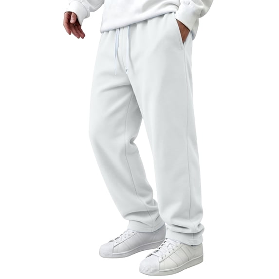 Men's Straight Leg Pants, Solid Color Drawstring Elastic Waist Loose Fit Fall Casual Trousers with Pockets White XL