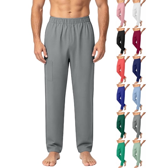 Men's Straight Leg Pants Solid Color Elastic Waist Stretch Work Trousers Lounge Joggers with Side Pockets for Daily Wear