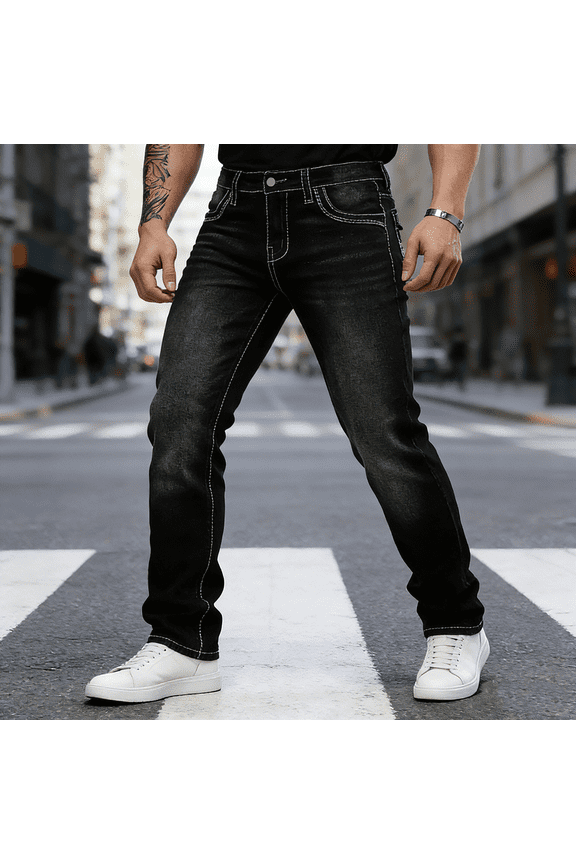 Men's Black Washed Straight Leg Stretch Jeans: Contrast Stitch Denim | Comfort Flex Fabric, Standard (30-40) & Big & Tall (1XL-6XL) Sizing