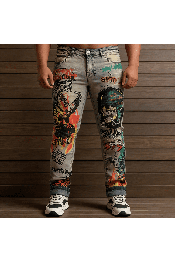 Men's Graphic Print Straight Leg Stretch Jeans: Distressed Vintage Wash Denim | Comfort Flex Fabric, Standard Sizing (30-40)