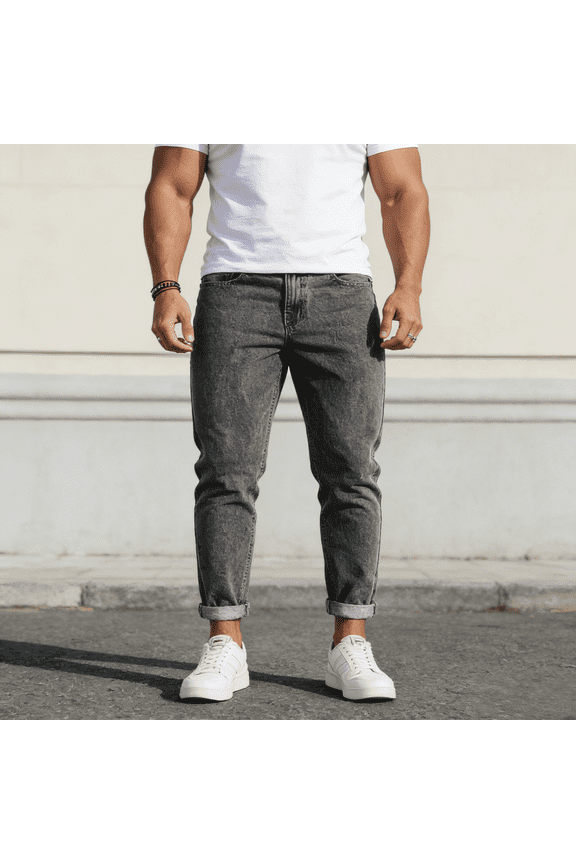 Men's Gray Washed Slim Tapered Stretch Jeans: Cuffed Hem Denim | Comfort Flex Fabric, Standard Sizing (30-40)