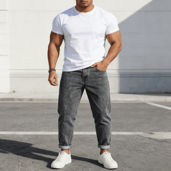 Men's Gray Washed Slim Tapered Stretch Jeans: Cuffed Hem Denim | Comfort Flex Fabric, Standard Sizing (30-40)