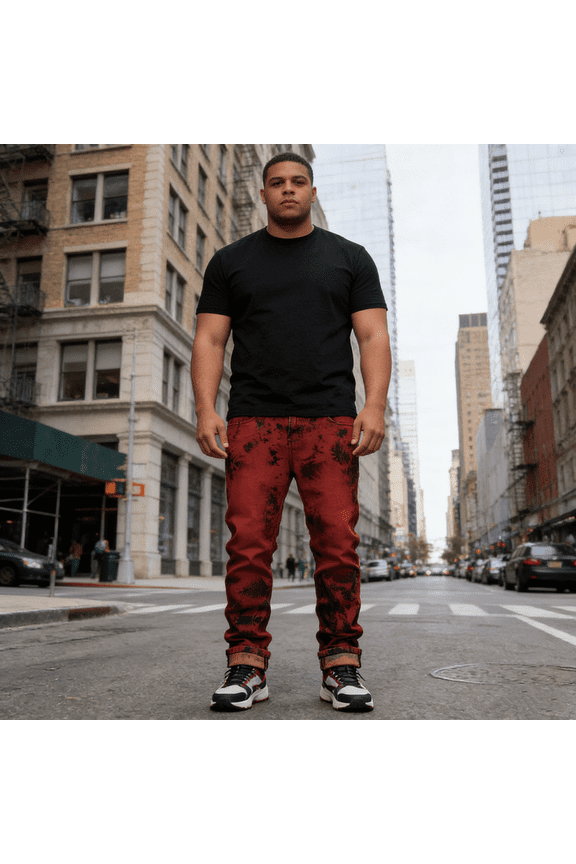 Men's Red Tie-Dye Straight Leg Stretch Jeans: Distressed Washed Denim | Comfort Flex Fabric, Standard Sizing (30-40)