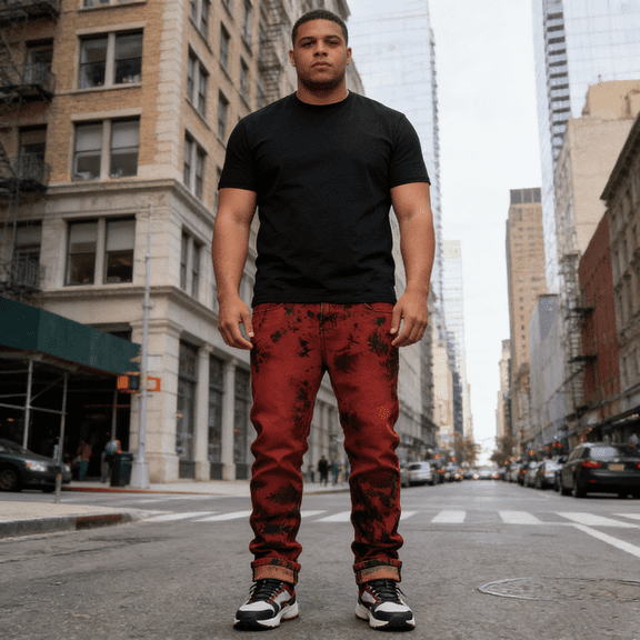 Men's Red Tie-Dye Straight Leg Stretch Jeans: Distressed Washed Denim | Comfort Flex Fabric, Standard Sizing (30-40)