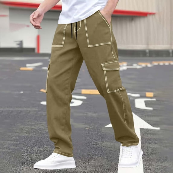 Men's Straight Leg Work Pants with Multiple Pockets for Casual Wear