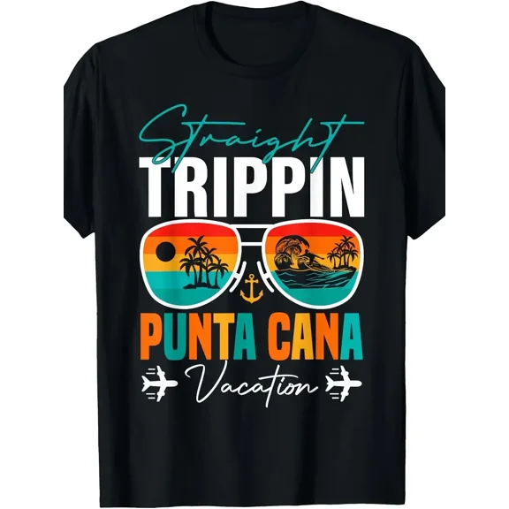 Men's Straight Trippin Punta Cana Graphic T-Shirt - 100% Cotton Loose Fit Short Sleeve Tee with Vibrant Tropical Beach Design, Palm Trees & Airplane Print, Retro Vacation Shirt