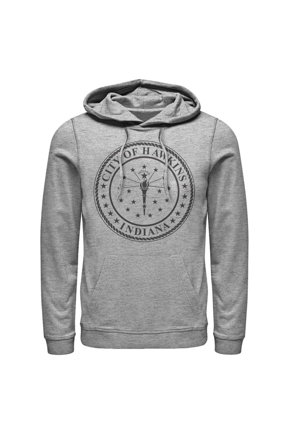 Netflix Men's Stranger Things City of Hawkins Crest Pull Over Hoodie Athletic Heather Medium