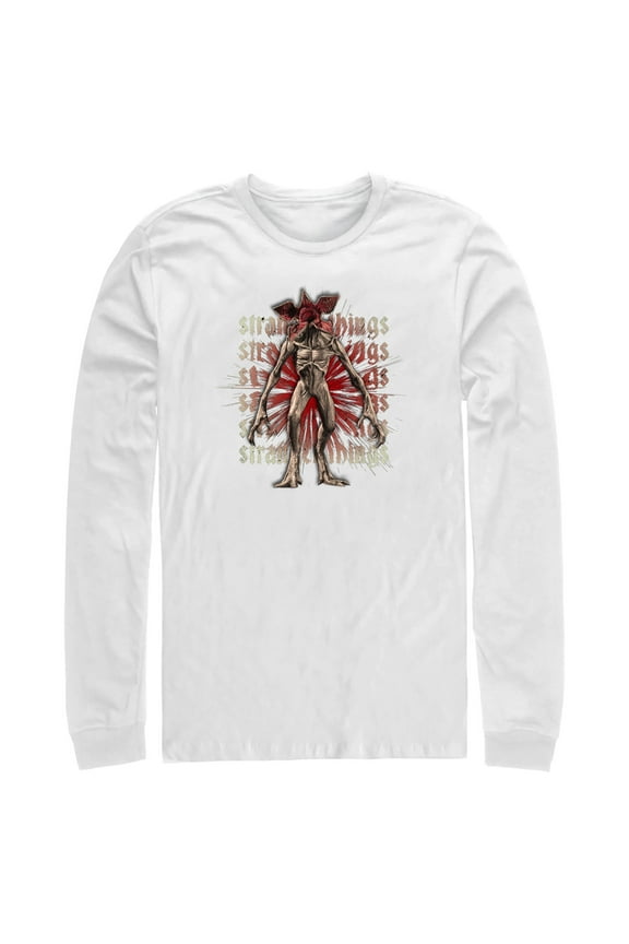 Netflix Men's Stranger Things Demogorgon Monster Logo Stacked Long Sleeve Shirt White Large