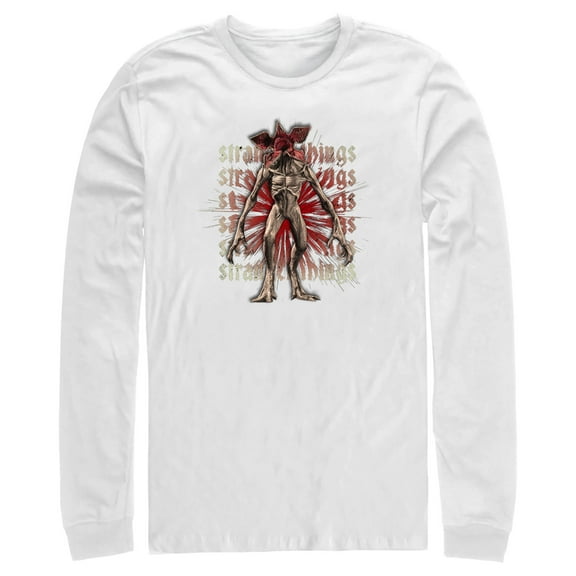 Netflix Men's Stranger Things Demogorgon Monster Logo Stacked Long Sleeve Shirt White Medium
