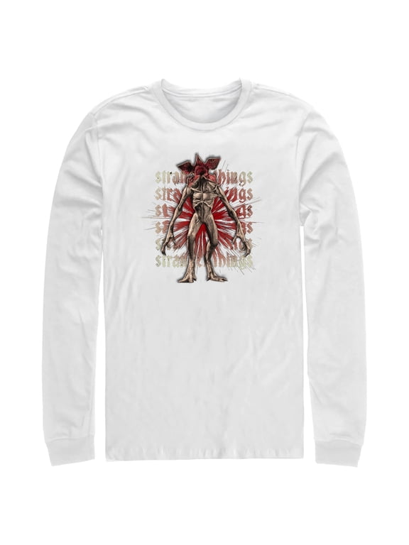Netflix Men's Stranger Things Demogorgon Monster Logo Stacked Long Sleeve Shirt White Medium