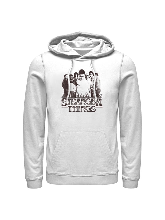 Netflix Men's Stranger Things Group Shot and Flaming Logo Pull Over Hoodie White Large