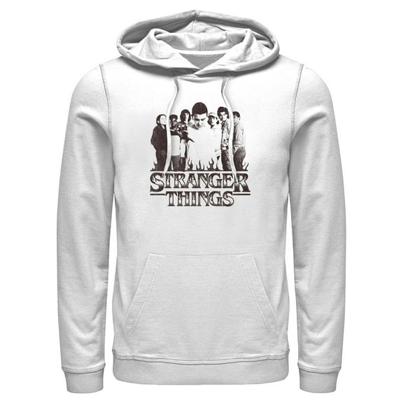 Netflix Men's Stranger Things Group Shot and Flaming Logo Pull Over Hoodie White Small