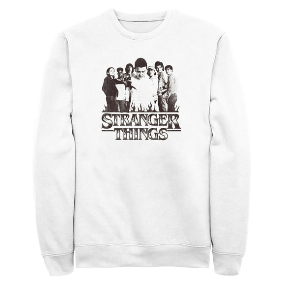 Netflix Men's Stranger Things Group Shot and Flaming Logo Sweatshirt White X Large