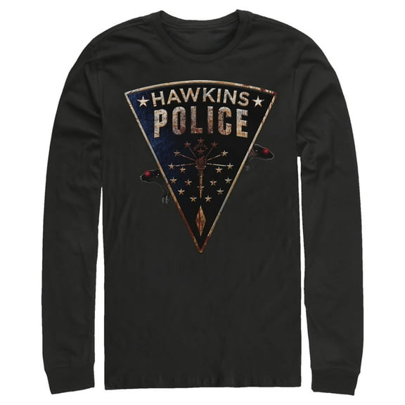 Netflix Men's Stranger Things Hawkins Police Rat Crest Long Sleeve Shirt Black Large