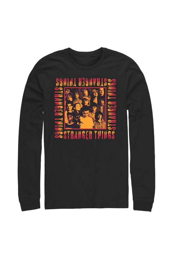 Netflix Men's Stranger Things Orange Group Shot Boxed Up Long Sleeve Shirt Black Large