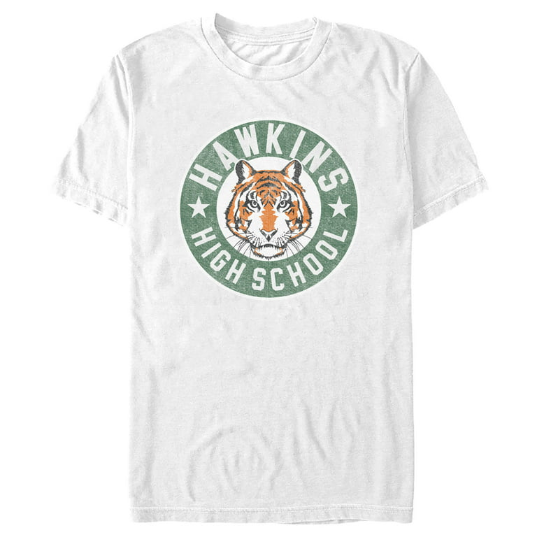 Men\'s Stranger Things Retro Hawkins School White Tiger Mascot Tee Large Graphic High