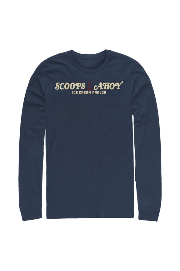 Netflix Men's Stranger Things Scoops Ahoy Nautical Logo Long Sleeve Shirt Navy Blue Medium