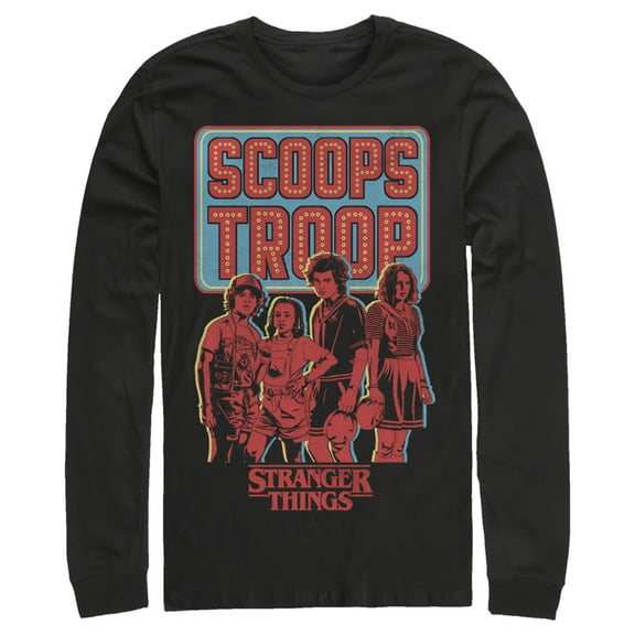 Netflix Men's Stranger Things Scoops Troop Character Pose Long Sleeve Shirt Black Medium