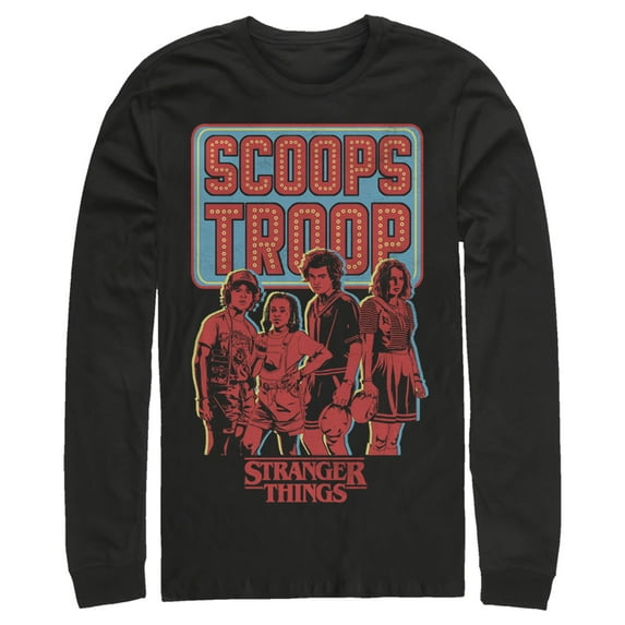 Netflix Men's Stranger Things Scoops Troop Character Pose Long Sleeve Shirt Black Small
