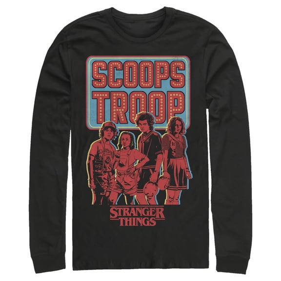 Netflix Men's Stranger Things Scoops Troop Character Pose Long Sleeve Shirt Black Small