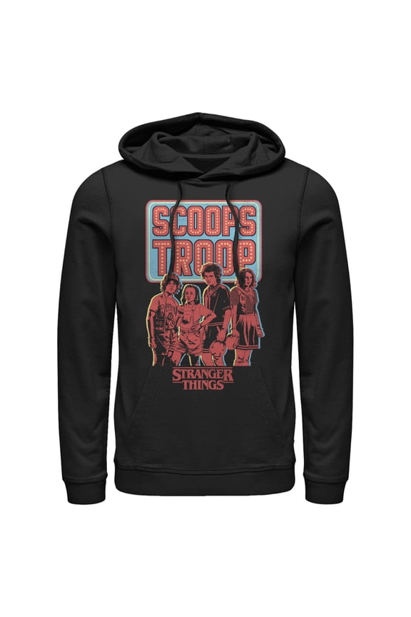 Netflix Men's Stranger Things Scoops Troop Character Pose Pull Over Hoodie Black Medium