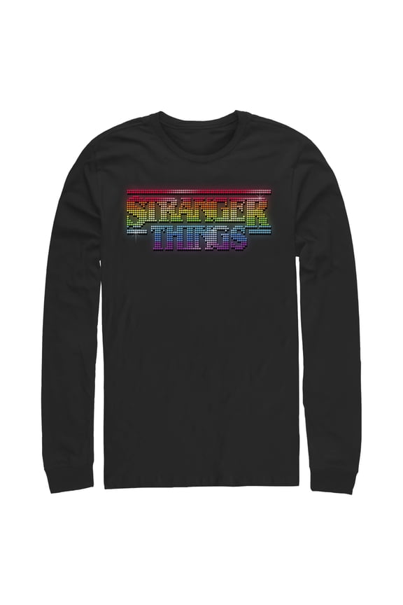 Netflix Men's Stranger Things Sparkling Rainbow Logo Long Sleeve Shirt Black Medium