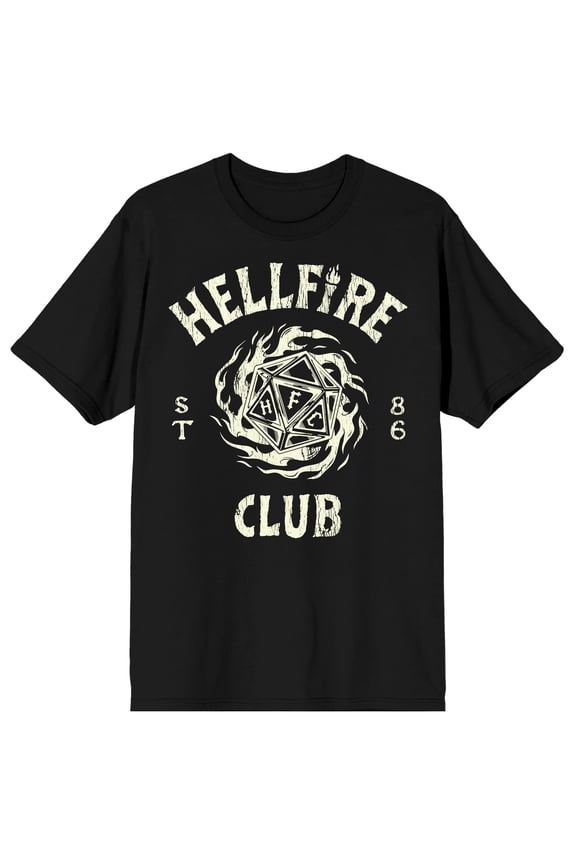 Stranger Things Hellfire Club Flaming Die on Black Short Sleeve Adult T-Shirt-XXL