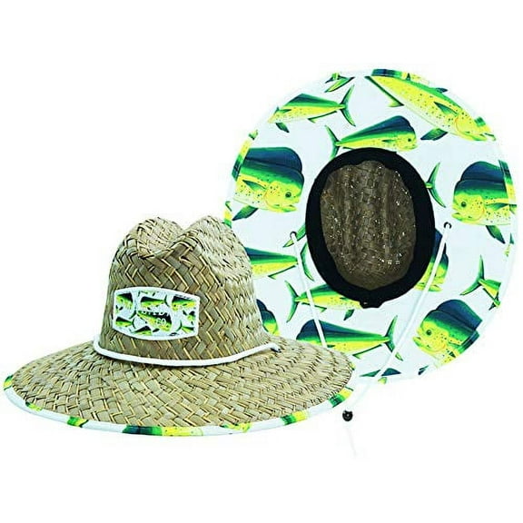 Men's Straw Sun Hat Dolphin Fish Sun Hat with Fabric Pattern Print Lifeguard Hat For, Beach, Ocean, Boating, Fishing, and Outdoor, Summer, Fits All, Malabar Hat Co