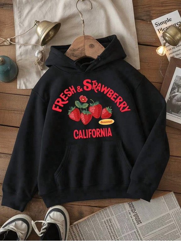 Men's Strawberry California Theme Hoodie, Front Kangaroo Pocket & Adjustable Drawstring