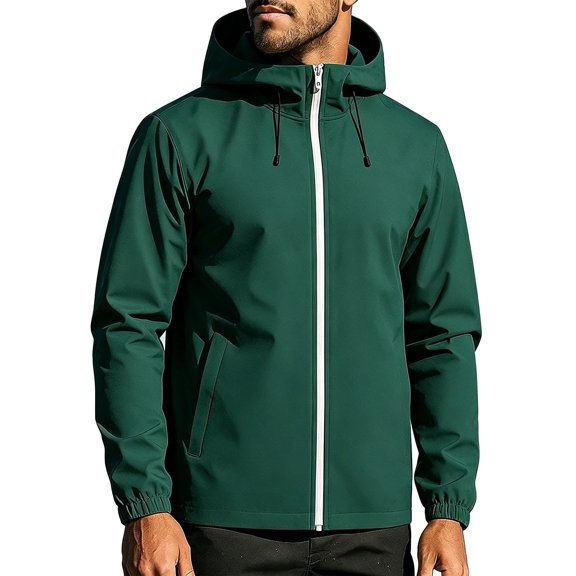 Men's Streamlined Seam Hooded Hard Shell Rain Jacket Waterproof Hidden Diagonal Zipper Pockets Adjustable Hood Commute Coat Windbreaker Jackets for Men Green XS