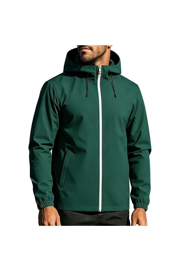 Men's Streamlined Seam Hooded Hard Shell Rain Jacket Waterproof Hidden Diagonal Zipper Pockets Adjustable Hood Commute Coat Windbreaker Jackets for Men Green XS