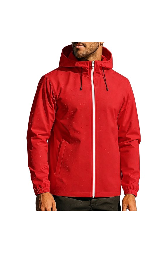 Men's Streamlined Seam Hooded Hard Shell Rain Jacket Waterproof Hidden Diagonal Zipper Pockets Adjustable Hood Commute Coat Windbreaker Jackets for Men Red M