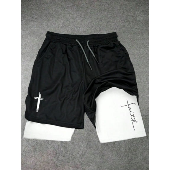 Men's Street Fashion Cross Print Knit Drawstring Shorts Training with Elastic Waistband Breathable Moisture Wicking Athletic Shorts with Side Pockets Print Design for Gym Running Yoga Outdoor Sports