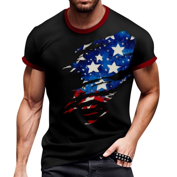 Men's Street Fashion Graphic Tee, Short Sleeve Casual Shirt with Vintage American Flag Design ,Royal Blue XL