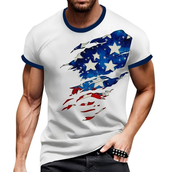 Men's Street Fashion Graphic Tee, Short Sleeve Casual Shirt with Vintage American Flag Design ,Sky Blue L