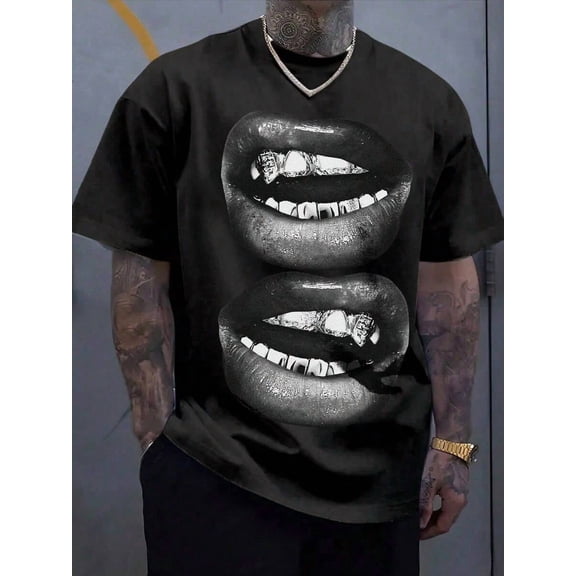 Men's Street Style Sexy Lip Print Loose Fit Short Sleeve Graphic T-Shirt, Summer