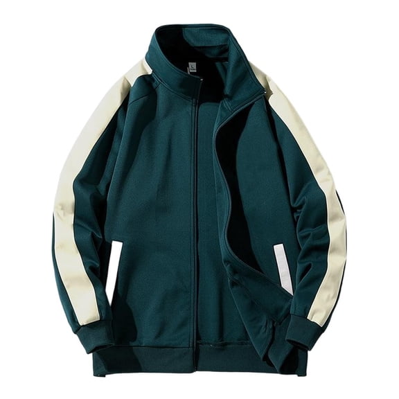 Men's Street Style Solid Color Zip-Up Cardigan, Stand Collar Loose Casual Sports Style, Dark Green, Size M