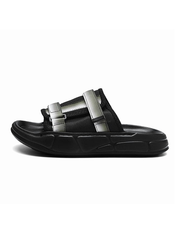 Men's Streetwear Adjustable Slide Sandals, Black and Metallic Green Casual Summer Slippers