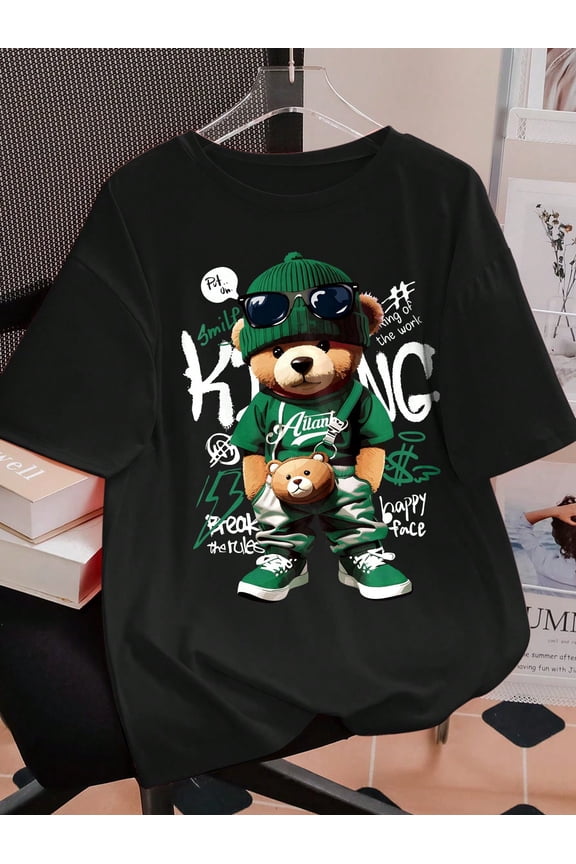 Men's Streetwear Graphic T-Shirt Cool Teddy Bear Hip Hop Style Black Short Sleeve Tee