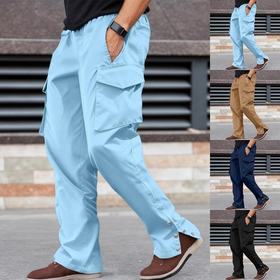 Men's Streetwear Hop Pants Casual Cargo Loose Fit Comfortable Trousers Multiple Pockets Fall Sky Blue Pant