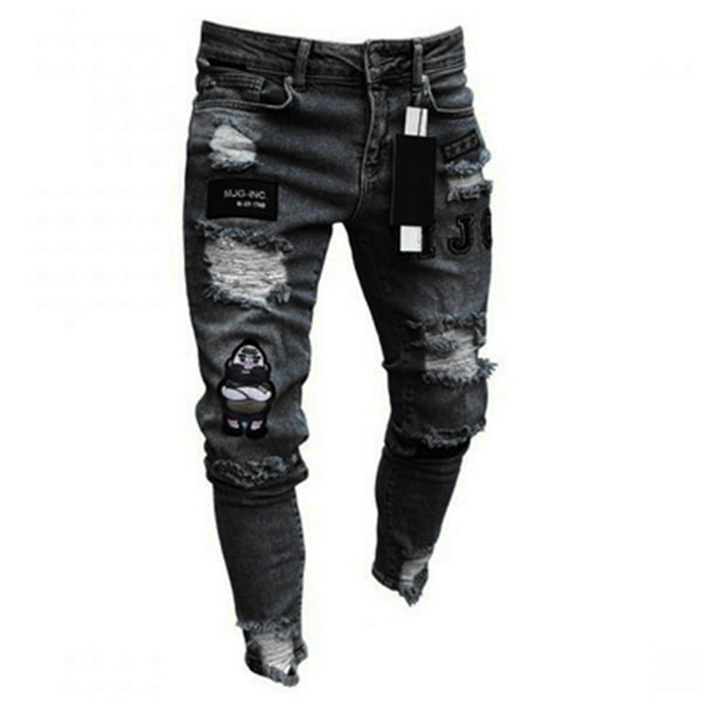 Ripped Holes Chic Straight Jeans, Loose Fit Non-Stretch Slant