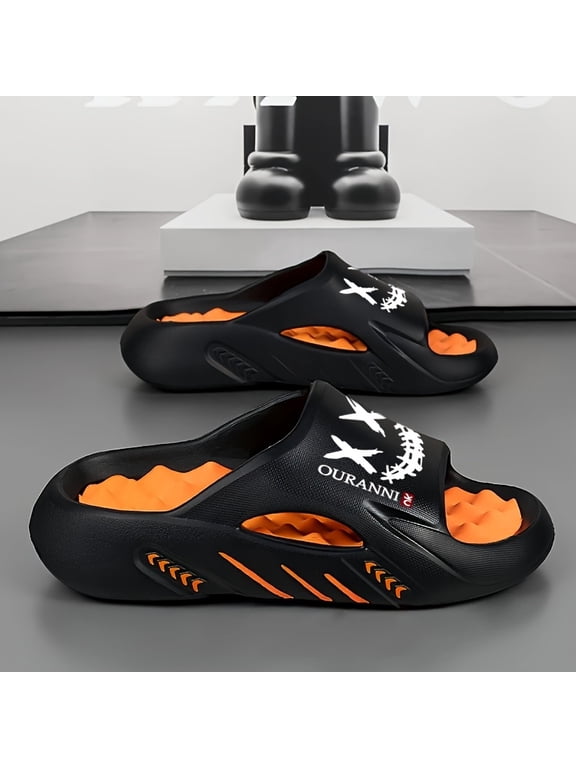 Men's Streetwear Platform Slide Sandals, EVA Open-Toe Slippers with Contrast Color Footbed and Graphic Print for Indoor, Outdoor, and Casual Wear