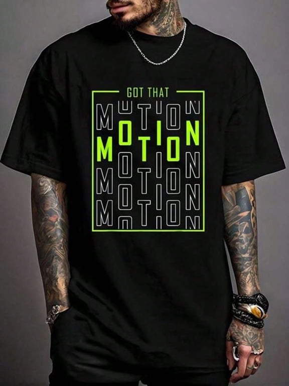 Men's Streetwear Typography Graphic T-Shirt, Stay In Motion Letter Print Crew Neck Short Sleeve Casual Tee, Soft Breathable Everyday Shirt for Travel, Workout, Street Style and Daily Wear